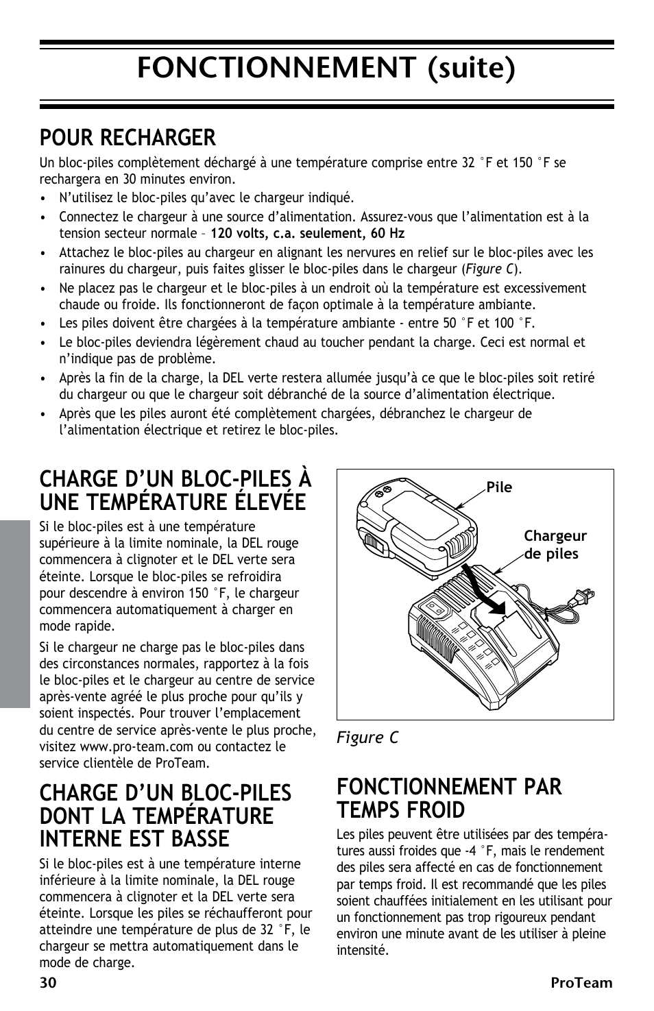 Fonctionnement (suite), Pour recharger, Charge d’un bloc-piles à une température élevée | Fonctionnement par temps froid | ProTeam ProGuard LI 3 Battery Charger User Manual | Page 30 / 36