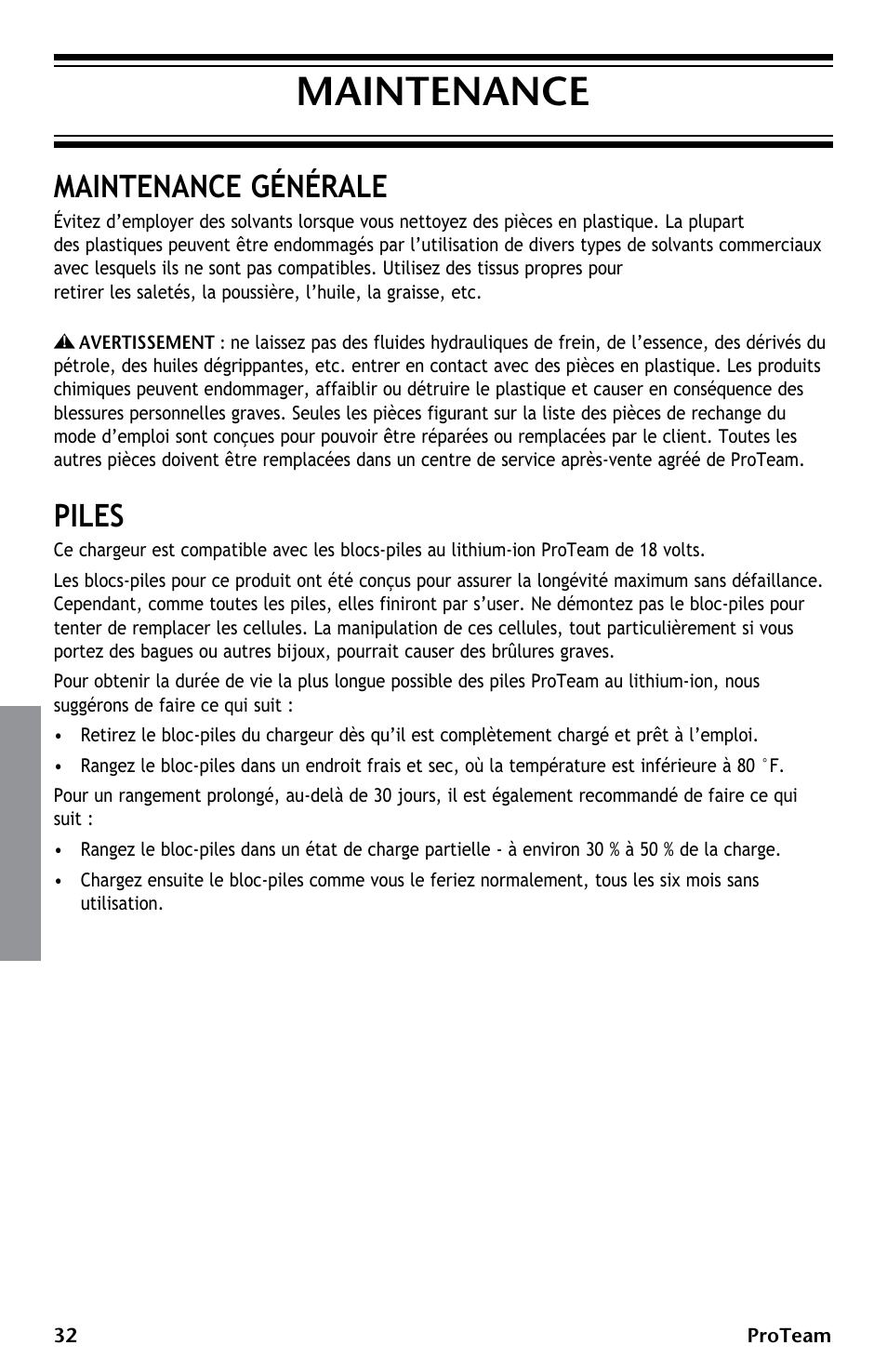 Maintenance, Maintenance générale, Piles | ProTeam ProGuard LI 3 Battery Charger User Manual | Page 32 / 36