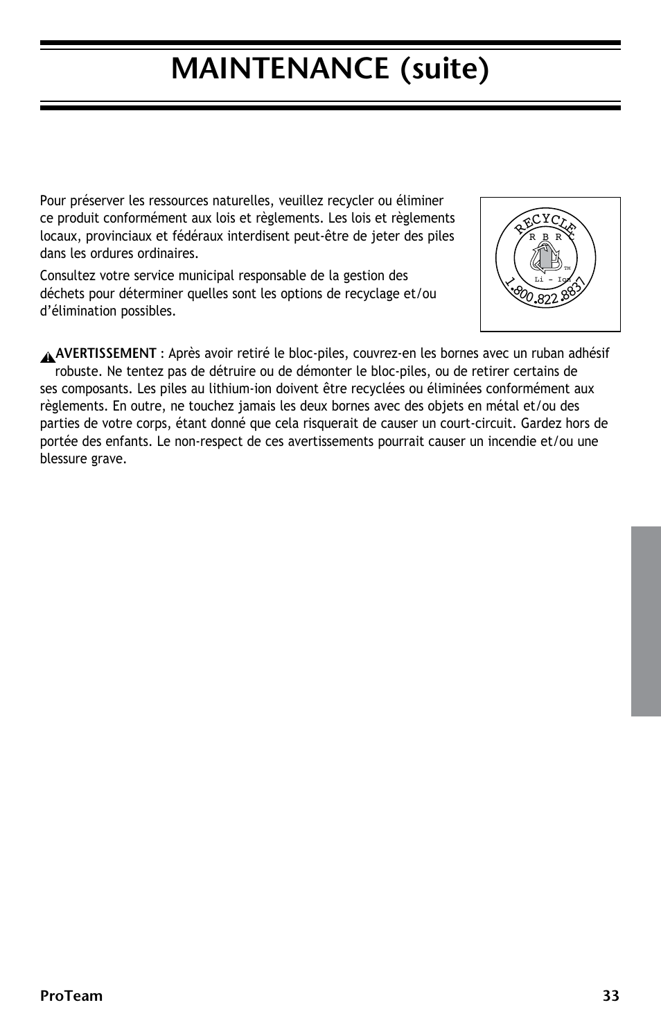 Maintenance (suite) | ProTeam ProGuard LI 3 Battery Charger User Manual | Page 33 / 36