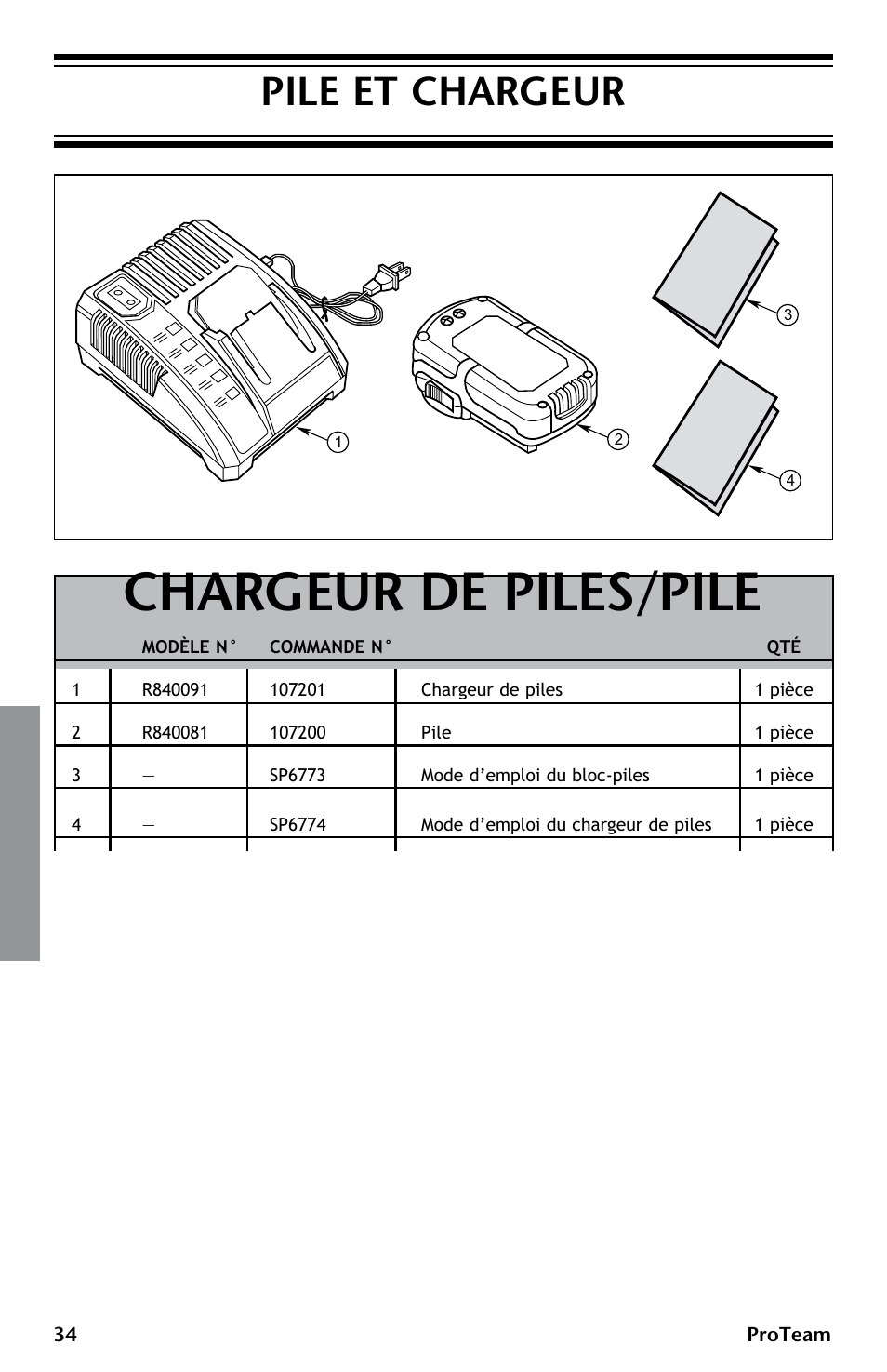 Chargeur de piles/pile, Pile et chargeur | ProTeam ProGuard LI 3 Battery Charger User Manual | Page 34 / 36