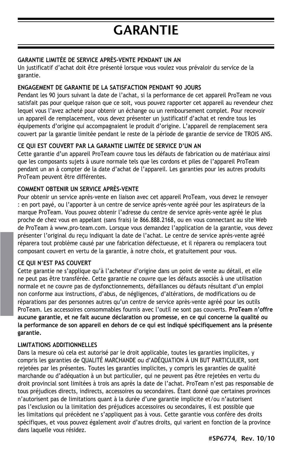 Garantie | ProTeam ProGuard LI 3 Battery Charger User Manual | Page 36 / 36