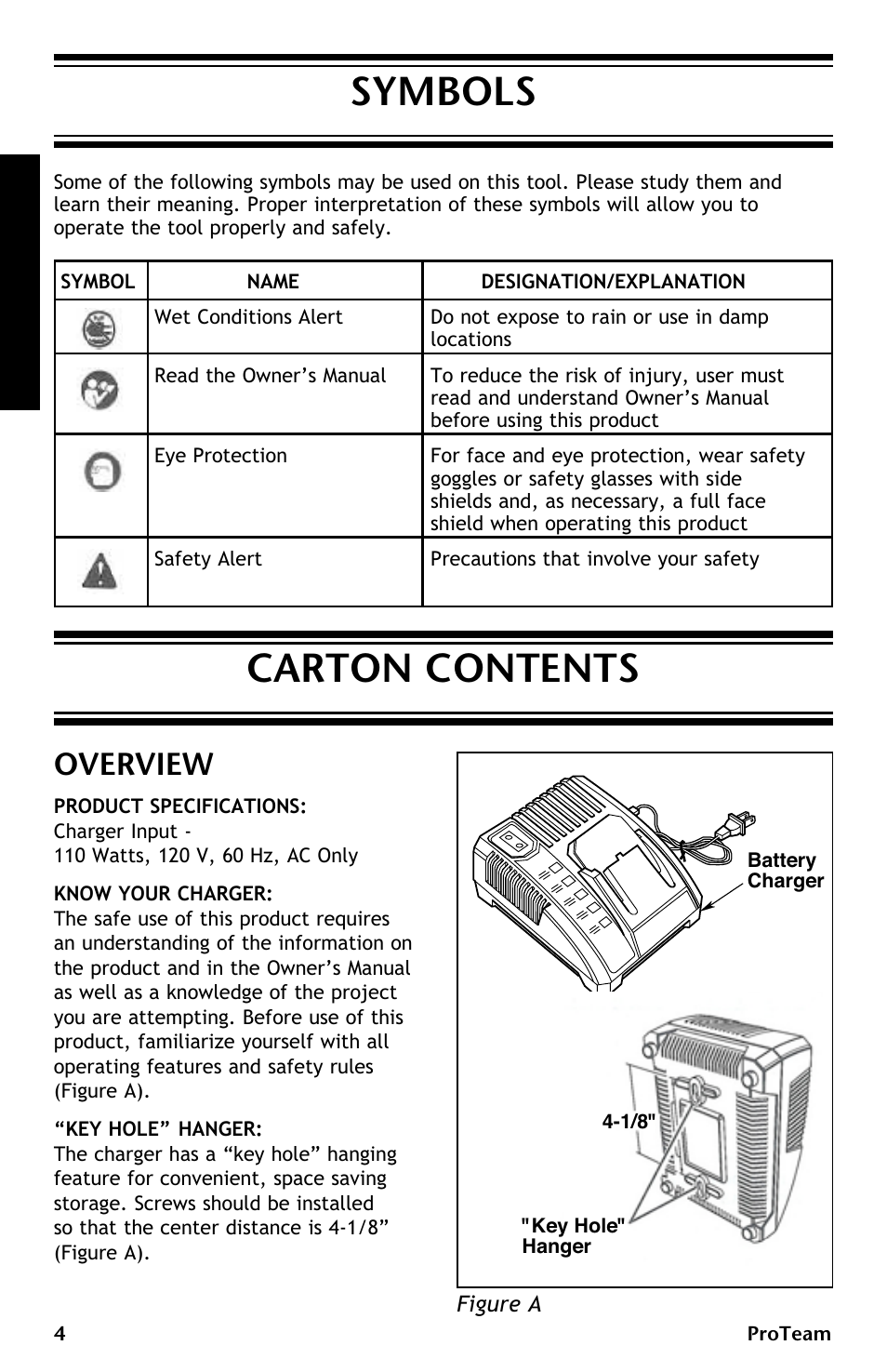 Symbols, Carton contents, Overview | ProTeam ProGuard LI 3 Battery Charger User Manual | Page 4 / 36