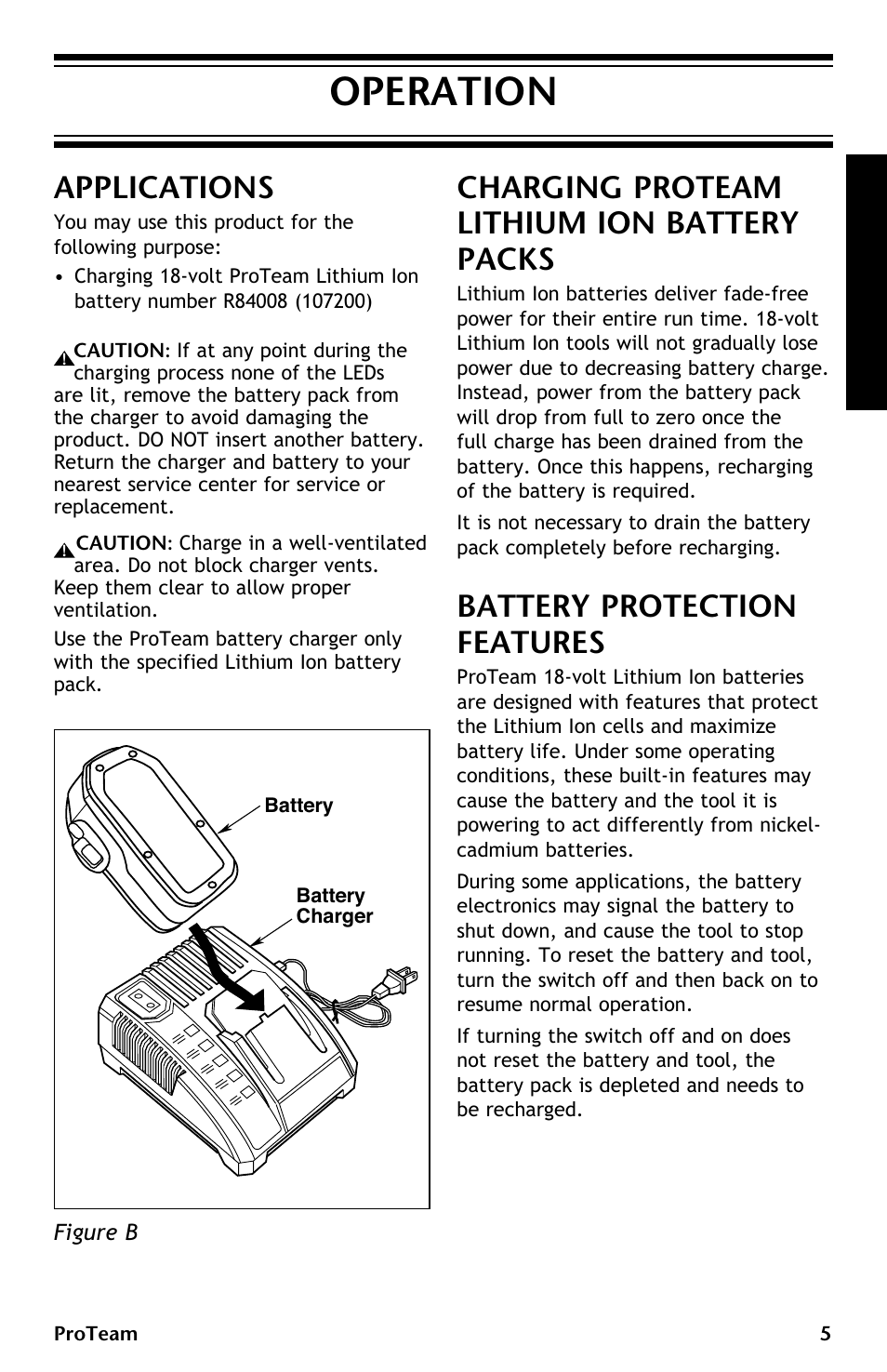 Operation, Applications, Charging proteam lithium ion battery packs | Battery protection features | ProTeam ProGuard LI 3 Battery Charger User Manual | Page 5 / 36