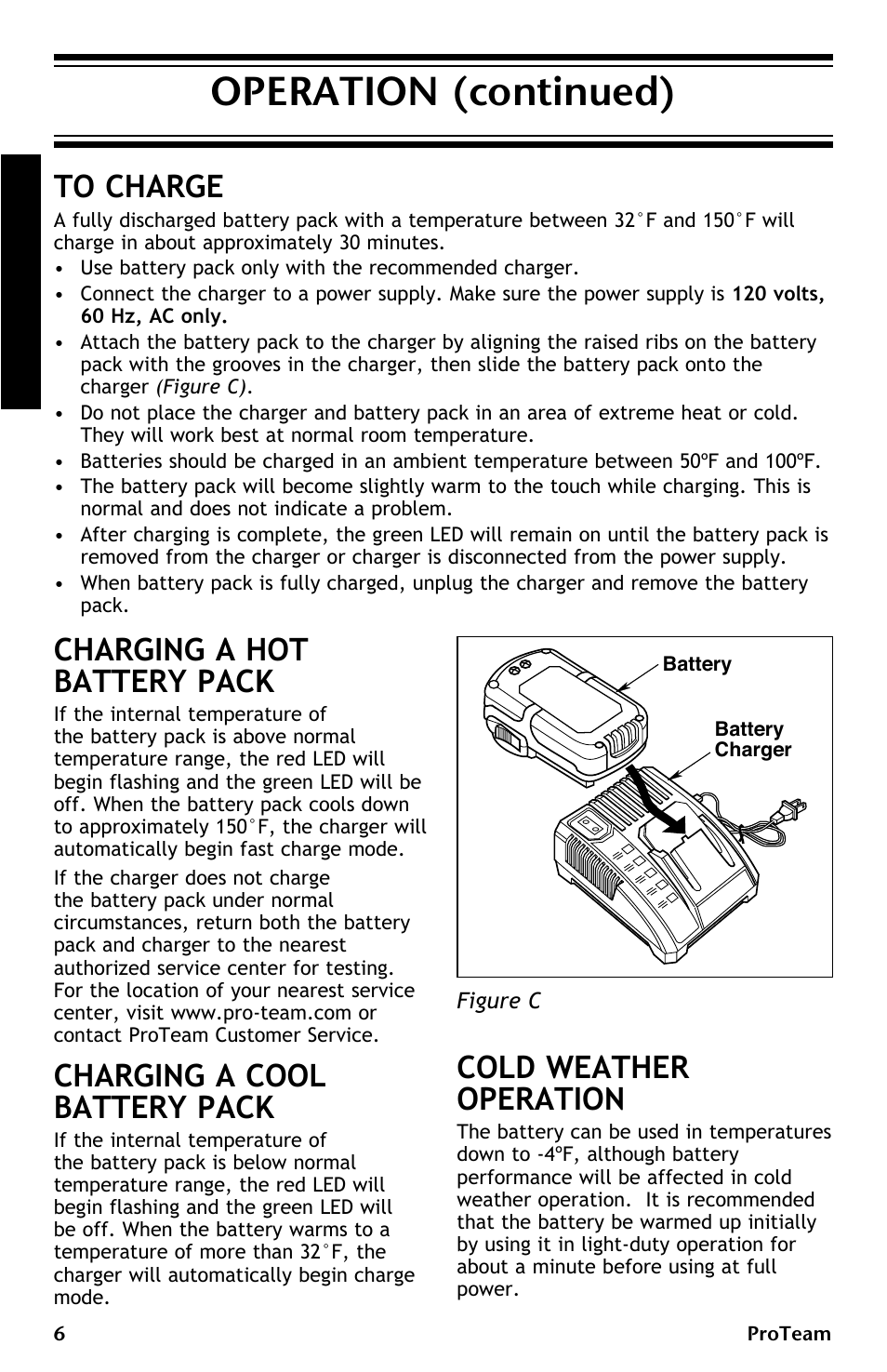 Operation (continued), Charging a hot battery pack, Charging a cool battery pack | Cold weather operation | ProTeam ProGuard LI 3 Battery Charger User Manual | Page 6 / 36