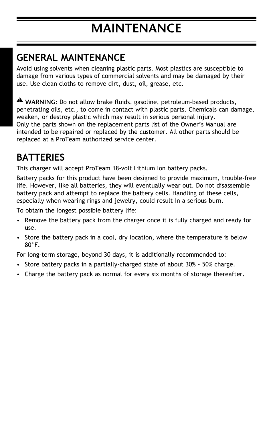 Maintenance, General maintenance, Batteries | ProTeam ProGuard LI 3 Battery Charger User Manual | Page 8 / 36