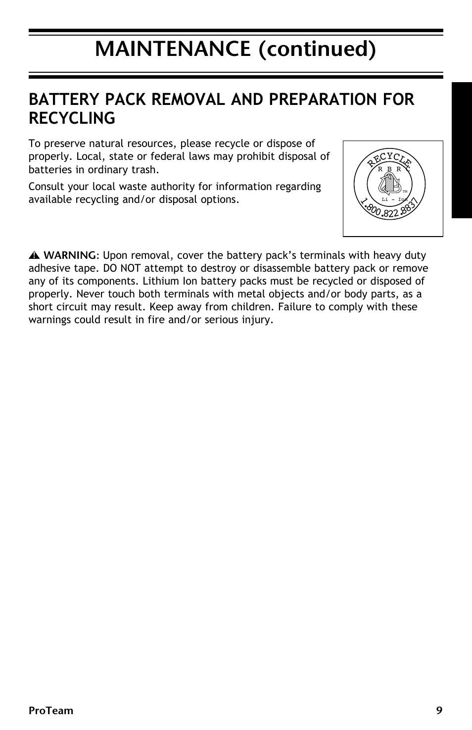 Maintenance (continued), Battery pack removal and preparation for recycling | ProTeam ProGuard LI 3 Battery Charger User Manual | Page 9 / 36