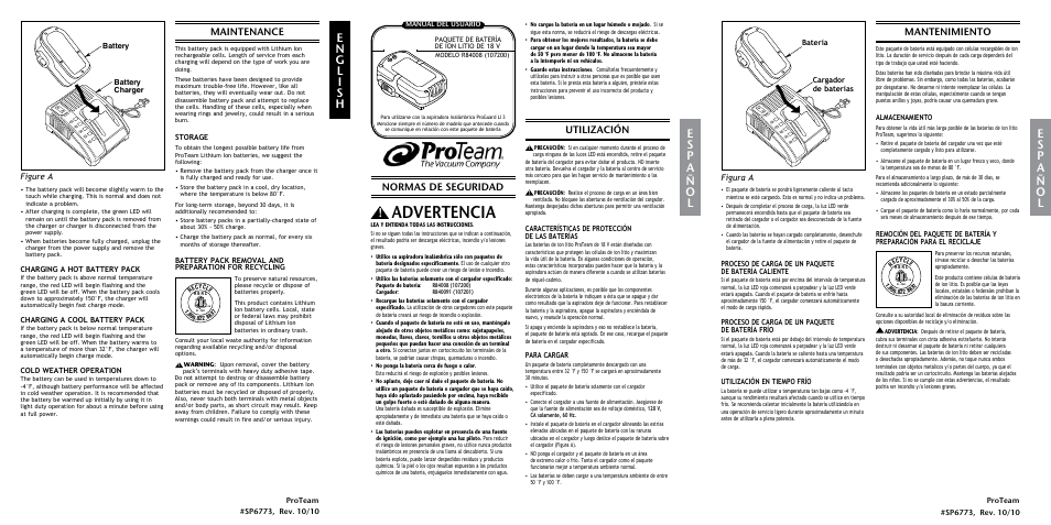 Advertencia, Maintenance, Utilización | Normas de seguridad, Mantenimiento, Figure a, Figura a | ProTeam ProGuard LI 3 Battery User Manual | Page 2 / 2