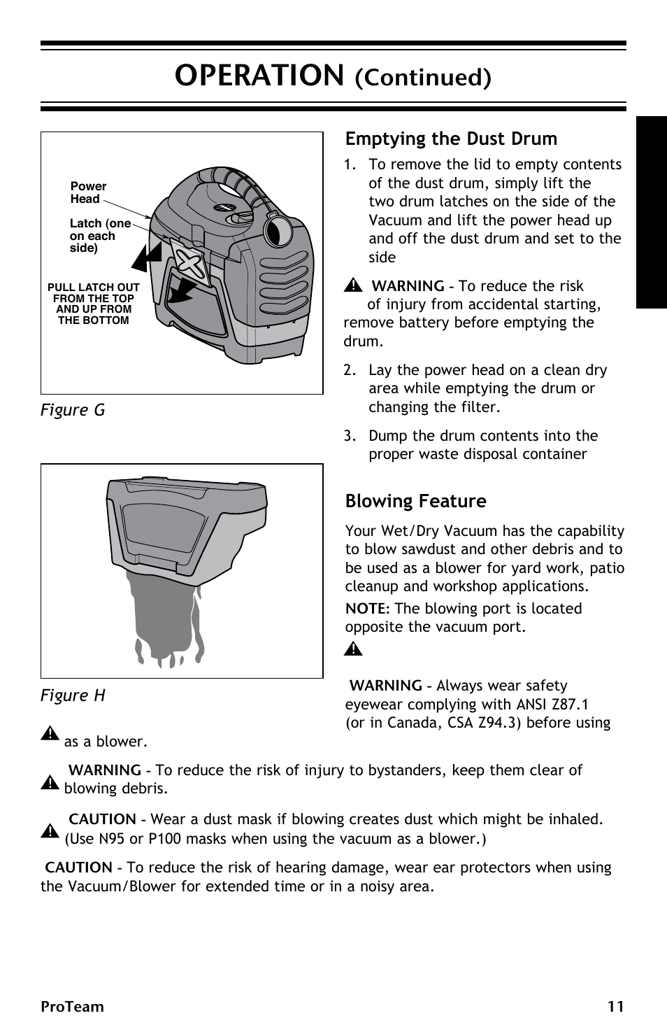 Operation, Continued), Emptying the dust drum blowing feature | ProTeam ProGuard LI 3 Cordless User Manual | Page 11 / 60