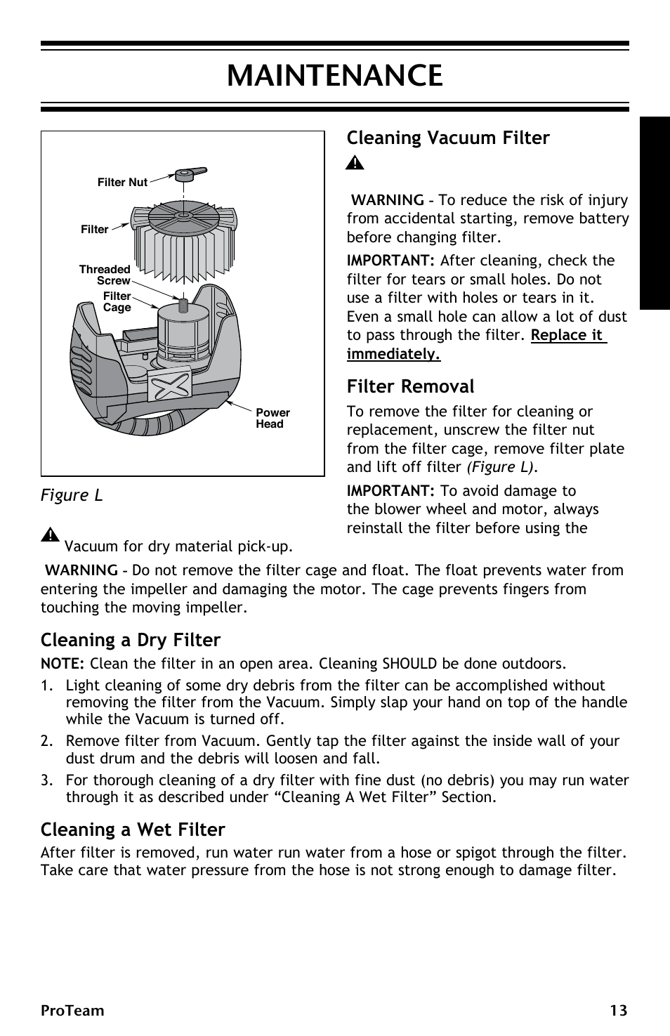 Maintenance, Cleaning vacuum filter, Filter removal | Cleaning a dry filter, Cleaning a wet filter | ProTeam ProGuard LI 3 Cordless User Manual | Page 13 / 60