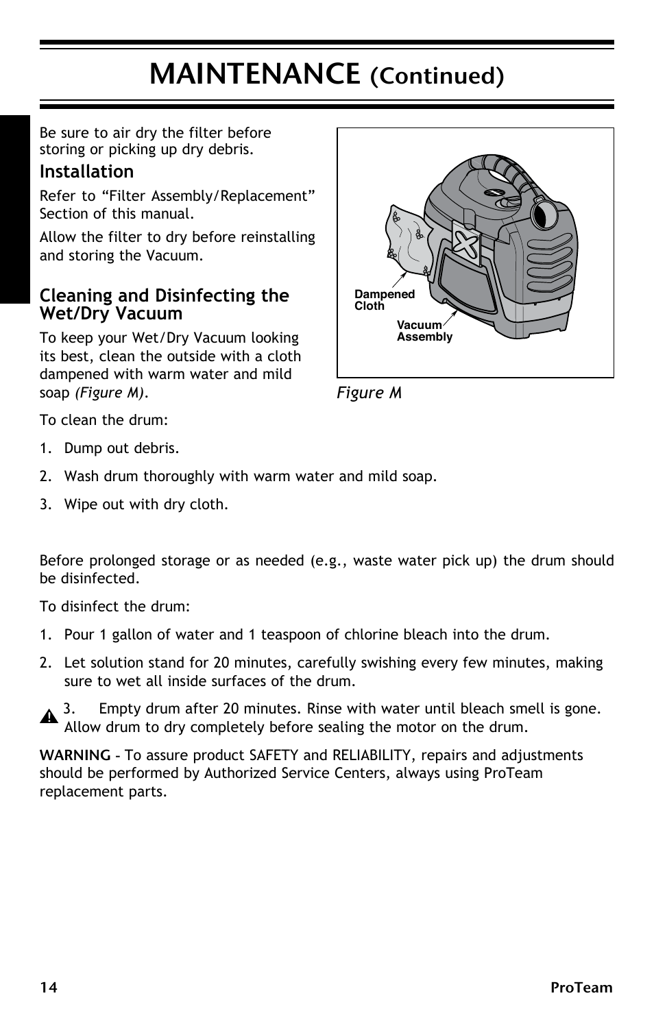 Maintenance, Continued), Installation | Cleaning and disinfecting the wet/dry vacuum | ProTeam ProGuard LI 3 Cordless User Manual | Page 14 / 60