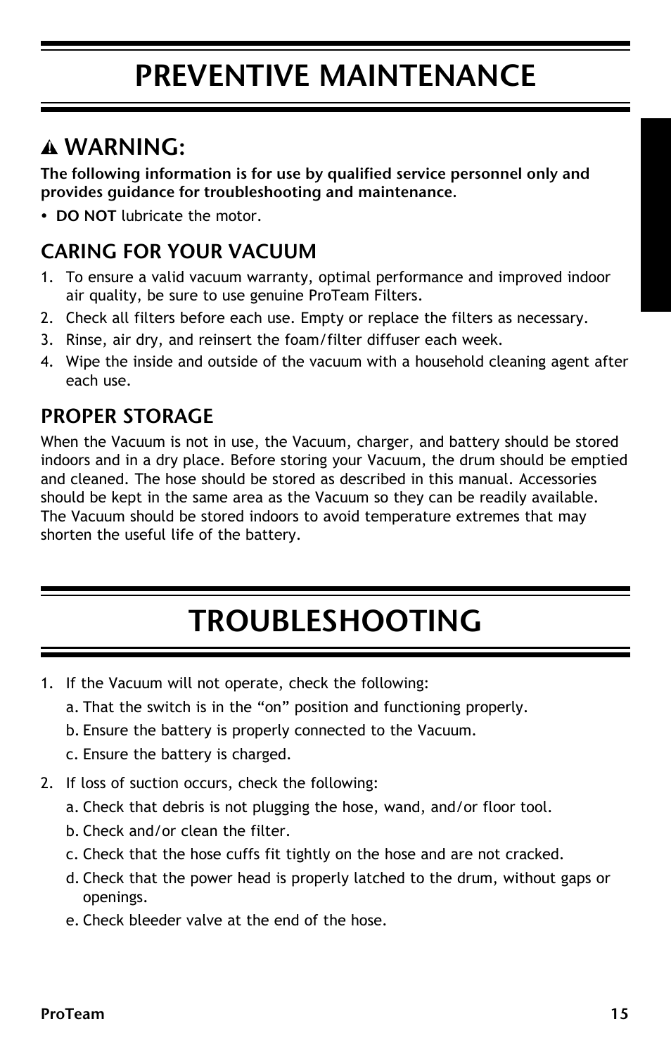 Preventive maintenance troubleshooting, Warning, Caring for your vacuum | Proper storage | ProTeam ProGuard LI 3 Cordless User Manual | Page 15 / 60