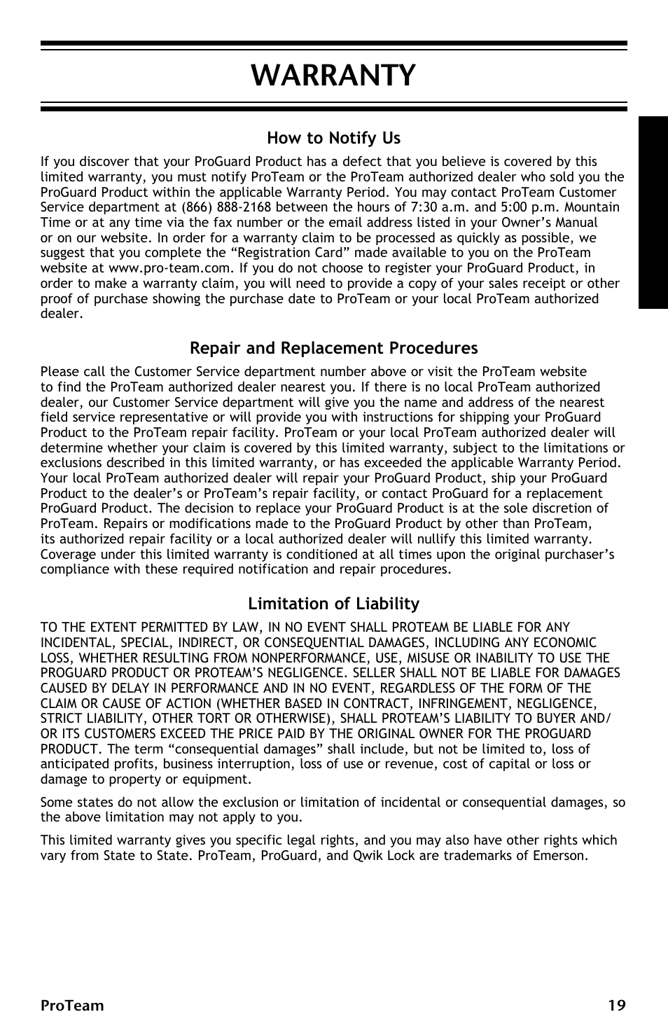 Warranty, How to notify us, Repair and replacement procedures | Limitation of liability | ProTeam ProGuard LI 3 Cordless User Manual | Page 19 / 60