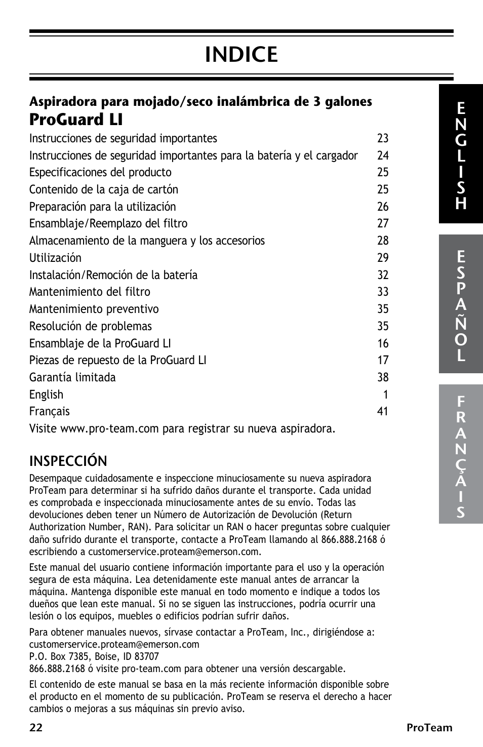 Indice, Proguard li | ProTeam ProGuard LI 3 Cordless User Manual | Page 22 / 60