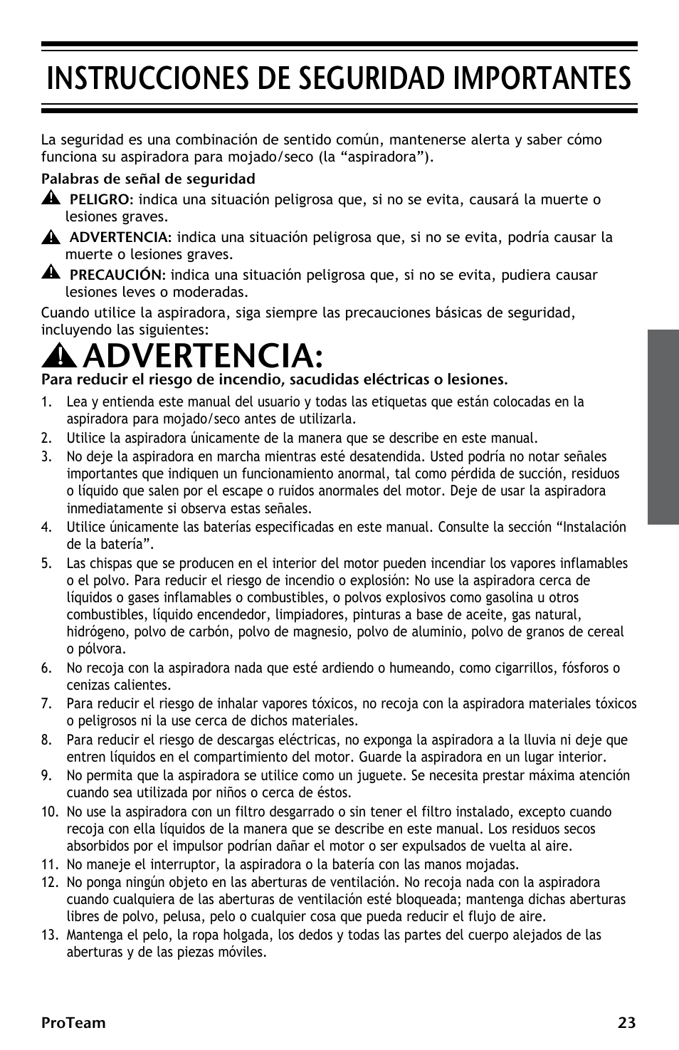 Advertencia, Instrucciones de seguridad importantes | ProTeam ProGuard LI 3 Cordless User Manual | Page 23 / 60