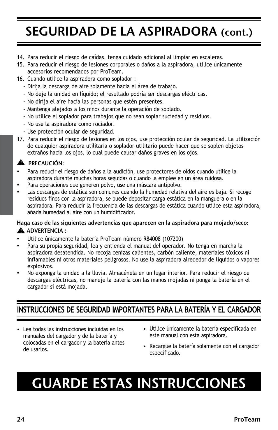 Guarde estas instrucciones, Seguridad de la aspiradora, Cont.) | ProTeam ProGuard LI 3 Cordless User Manual | Page 24 / 60