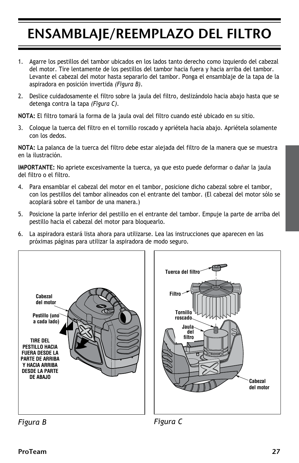 Ensamblaje/reemplazo del filtro, Figura b, Figura c | ProTeam ProGuard LI 3 Cordless User Manual | Page 27 / 60