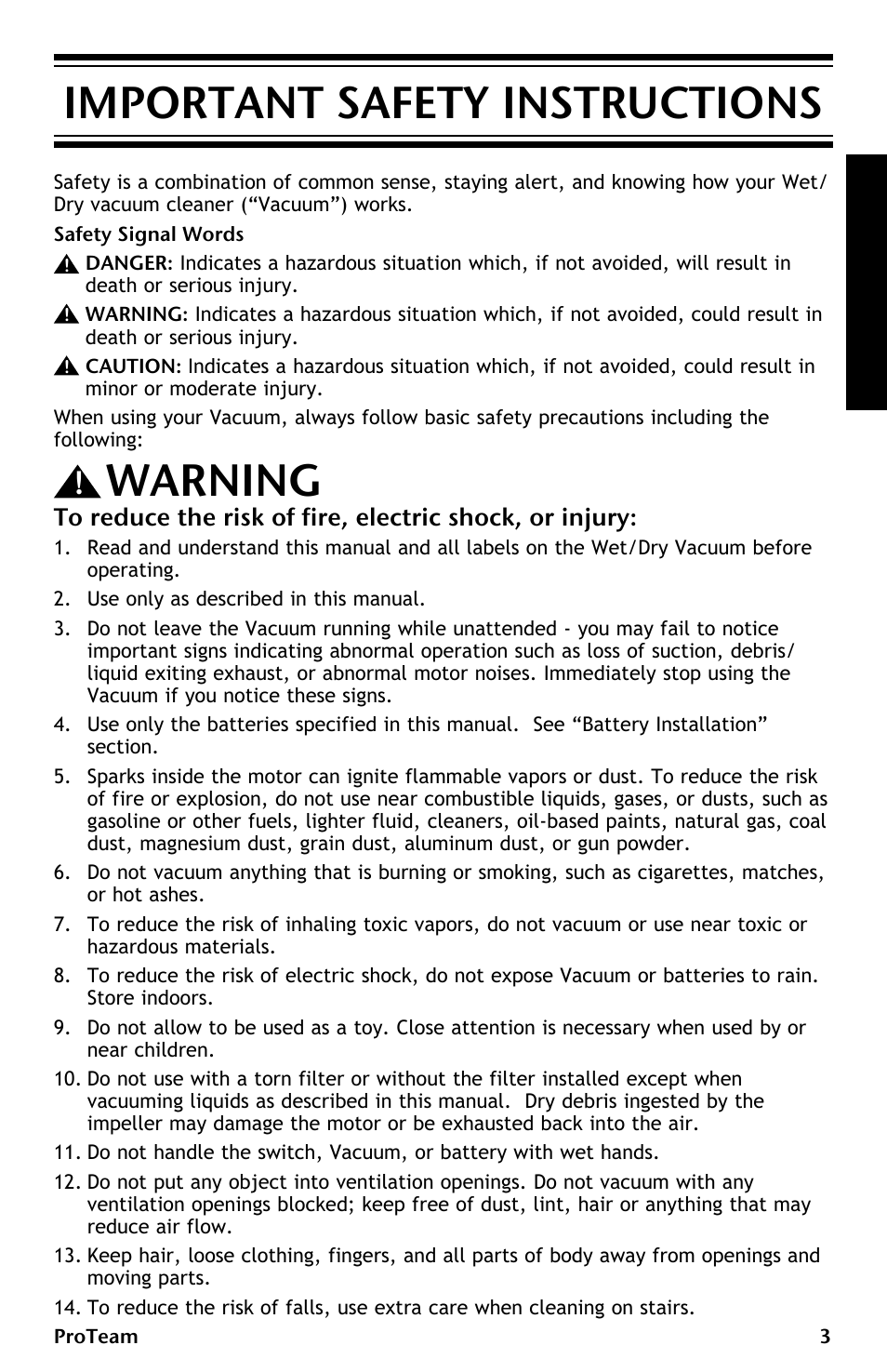 Warning, Important safety instructions | ProTeam ProGuard LI 3 Cordless User Manual | Page 3 / 60