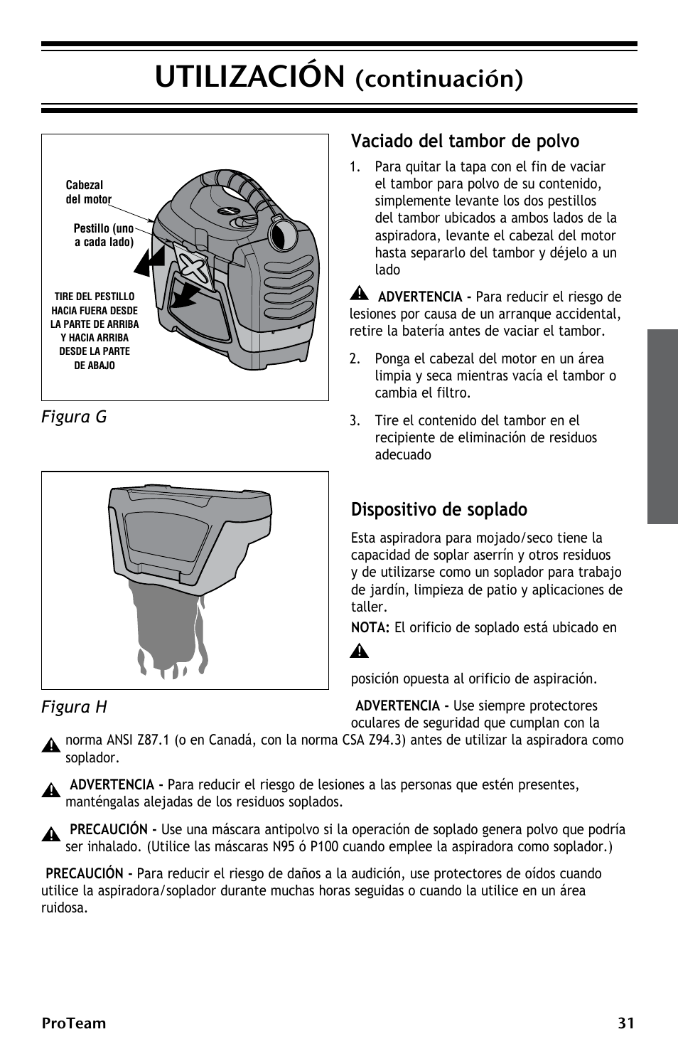 Utilización, Continuación), Vaciado del tambor de polvo dispositivo de soplado | Figura g figura h | ProTeam ProGuard LI 3 Cordless User Manual | Page 31 / 60