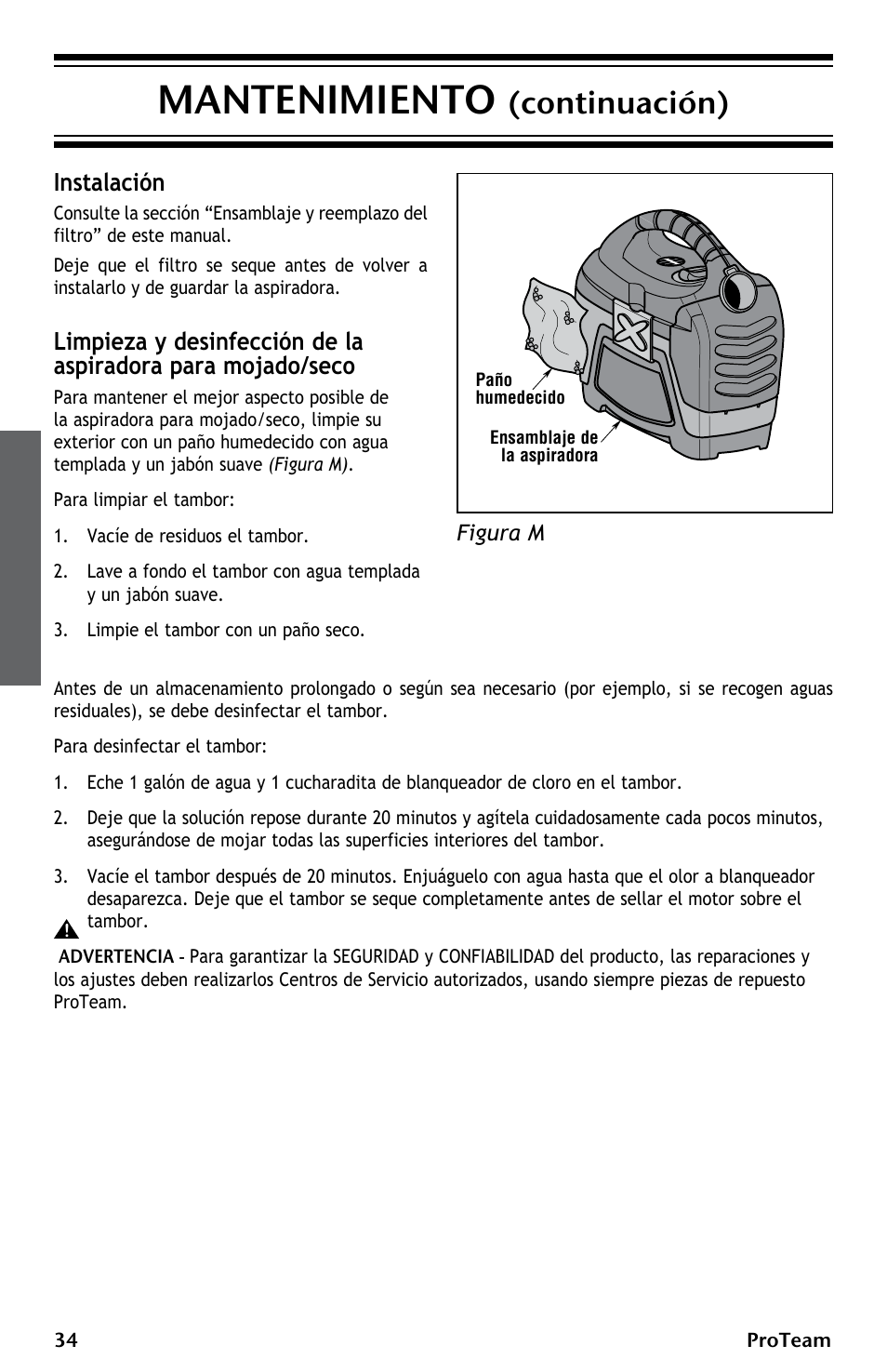 Mantenimiento, Continuación), Instalación | ProTeam ProGuard LI 3 Cordless User Manual | Page 34 / 60