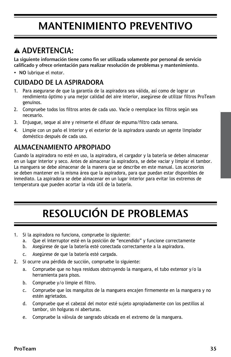 Mantenimiento preventivo resolución de problemas, Advertencia, Cuidado de la aspiradora | Almacenamiento apropiado | ProTeam ProGuard LI 3 Cordless User Manual | Page 35 / 60