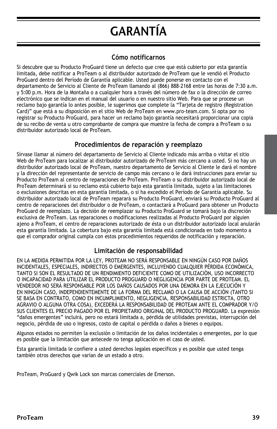 Garantía, Cómo notificarnos, Procedimientos de reparación y reemplazo | Limitación de responsabilidad | ProTeam ProGuard LI 3 Cordless User Manual | Page 39 / 60