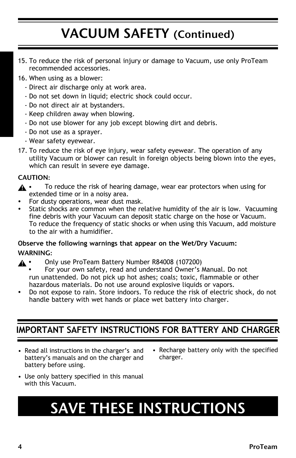 Save these instructions, Vacuum safety, Continued) | ProTeam ProGuard LI 3 Cordless User Manual | Page 4 / 60