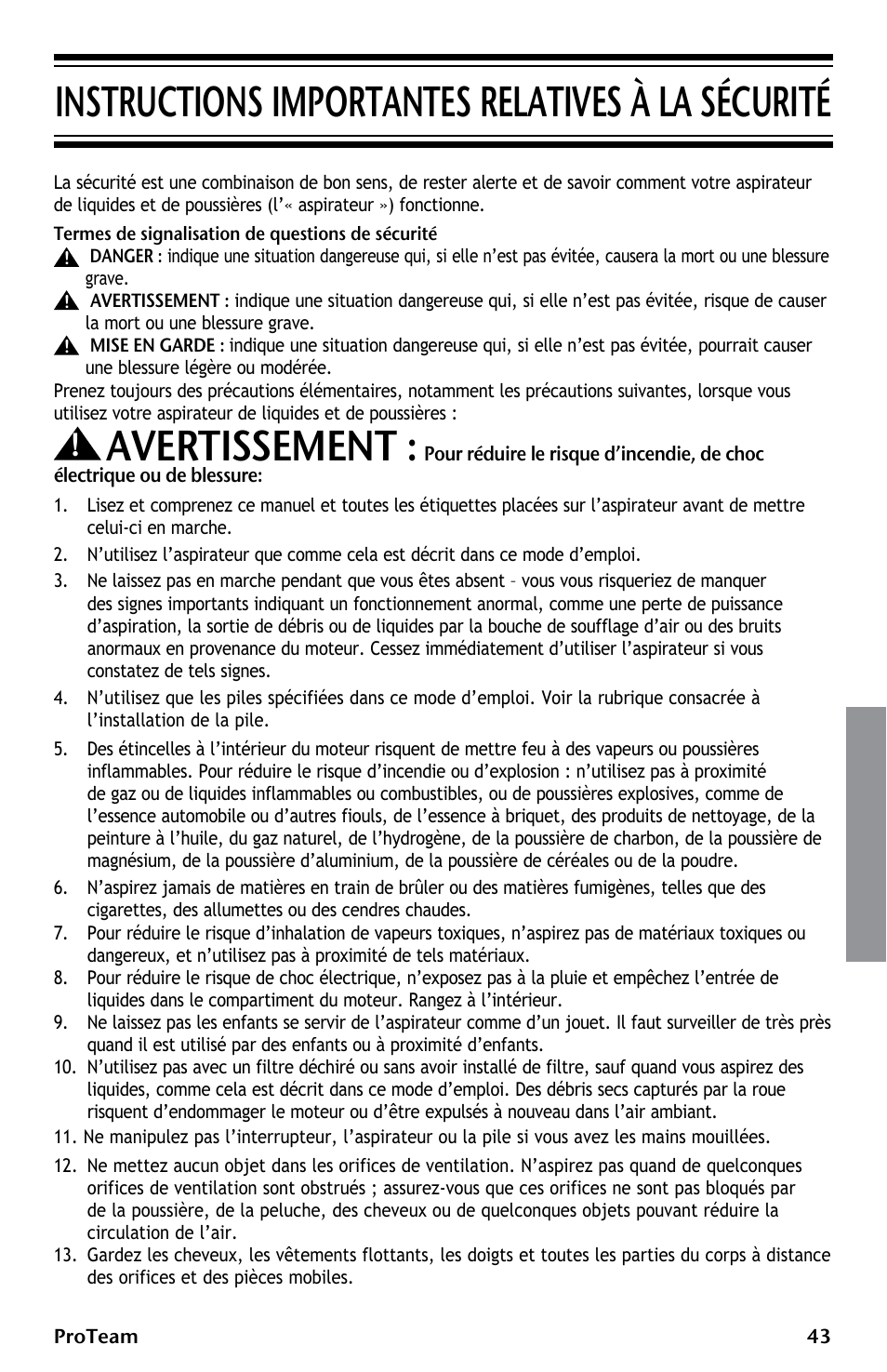 Avertissement, Instructions importantes relatives à la sécurité | ProTeam ProGuard LI 3 Cordless User Manual | Page 43 / 60