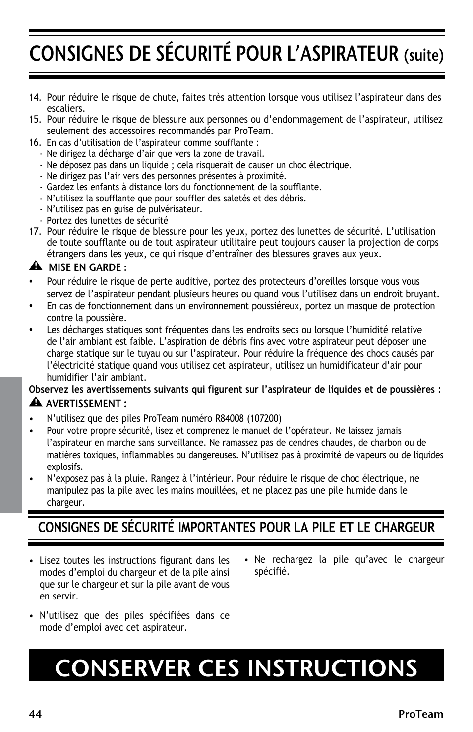 Conserver ces instructions, Consignes de sécurité pour l’aspirateur, Suite) | ProTeam ProGuard LI 3 Cordless User Manual | Page 44 / 60