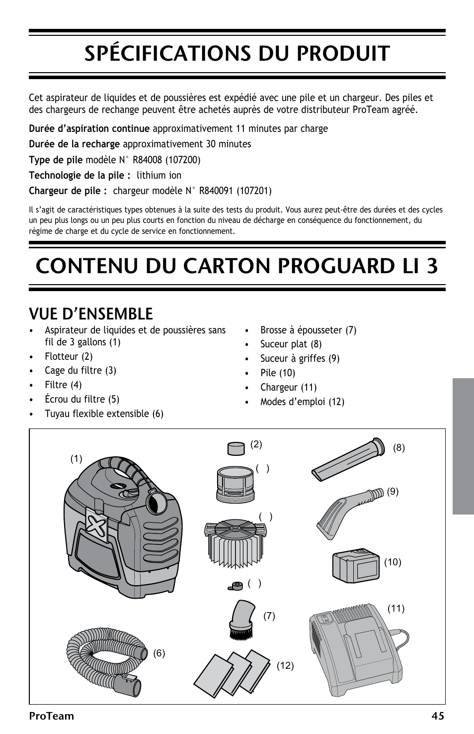 Contenu du carton proguard li 3, Spécifications du produit, Vue d’ensemble | ProTeam ProGuard LI 3 Cordless User Manual | Page 45 / 60