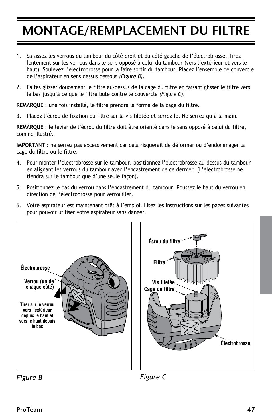 Montage/remplacement du filtre, Figure b, Figure c | ProTeam ProGuard LI 3 Cordless User Manual | Page 47 / 60