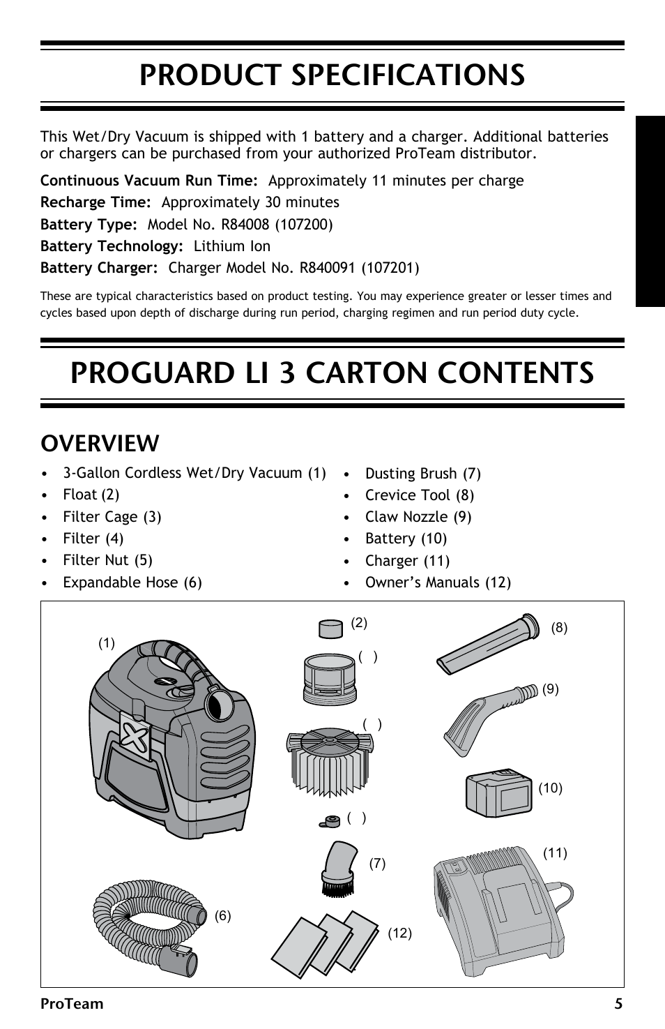 Proguard li 3 carton contents, Product specifications, Overview | ProTeam ProGuard LI 3 Cordless User Manual | Page 5 / 60