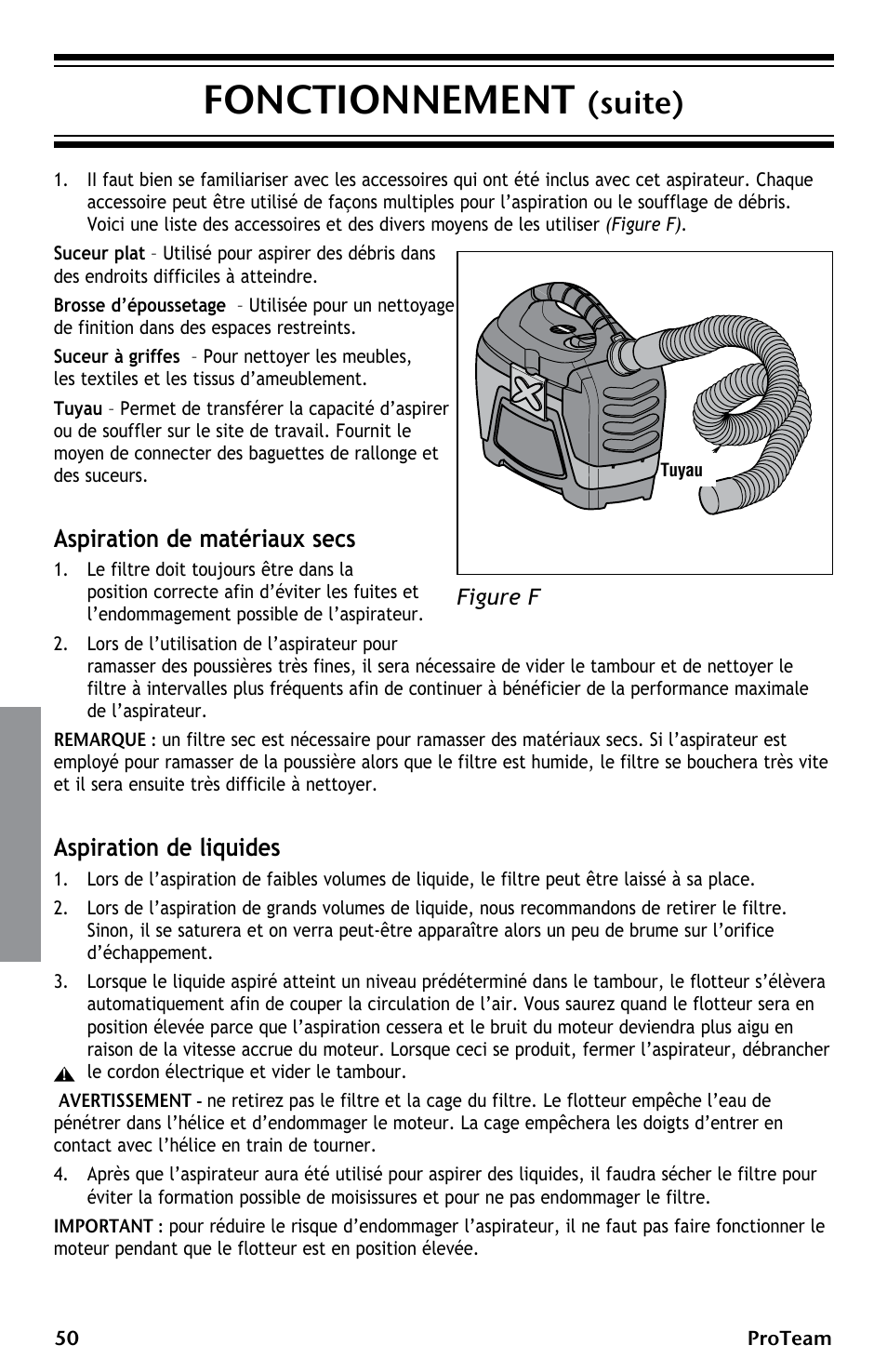 Fonctionnement, Suite), Aspiration de matériaux secs | Aspiration de liquides | ProTeam ProGuard LI 3 Cordless User Manual | Page 50 / 60