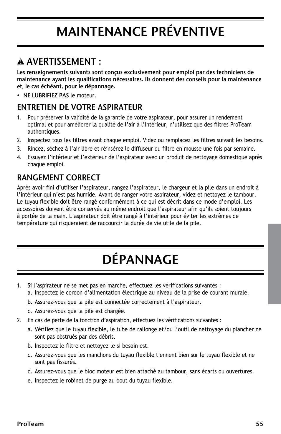 Maintenance préventive dépannage, Avertissement, Entretien de votre aspirateur | Rangement correct | ProTeam ProGuard LI 3 Cordless User Manual | Page 55 / 60