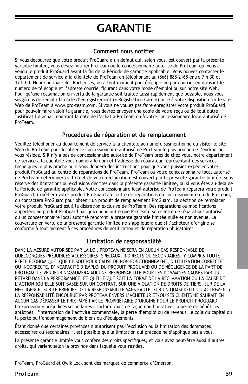 Garantie, Comment nous notifier, Procédures de réparation et de remplacement | Limitation de responsabilité | ProTeam ProGuard LI 3 Cordless User Manual | Page 59 / 60