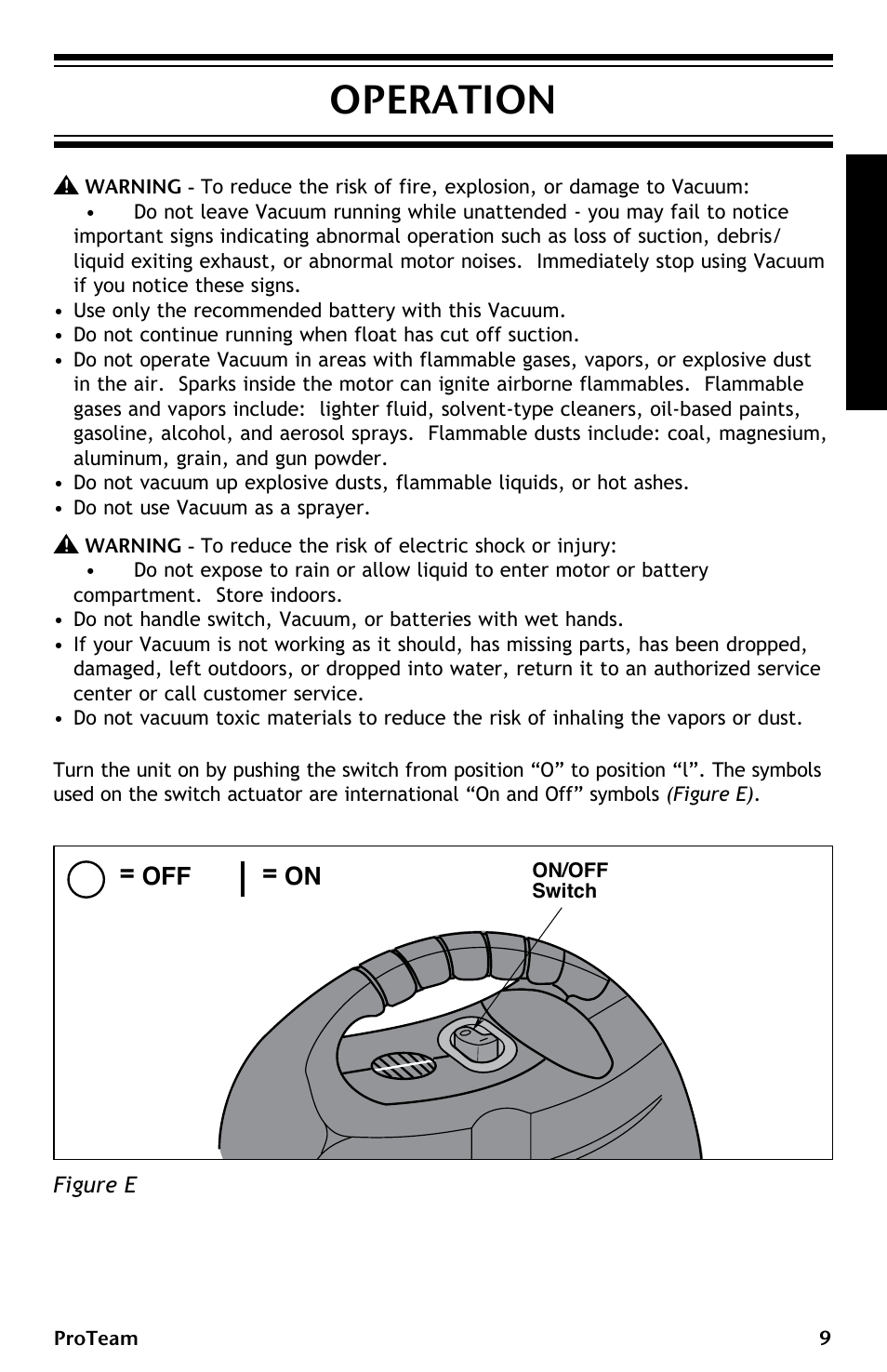 Operation, Off = on | ProTeam ProGuard LI 3 Cordless User Manual | Page 9 / 60