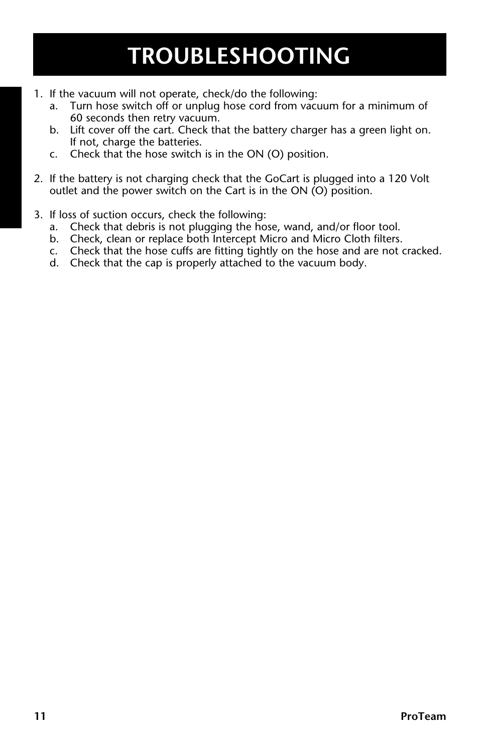 Troubleshooting | ProTeam GoCartVac User Manual | Page 12 / 35