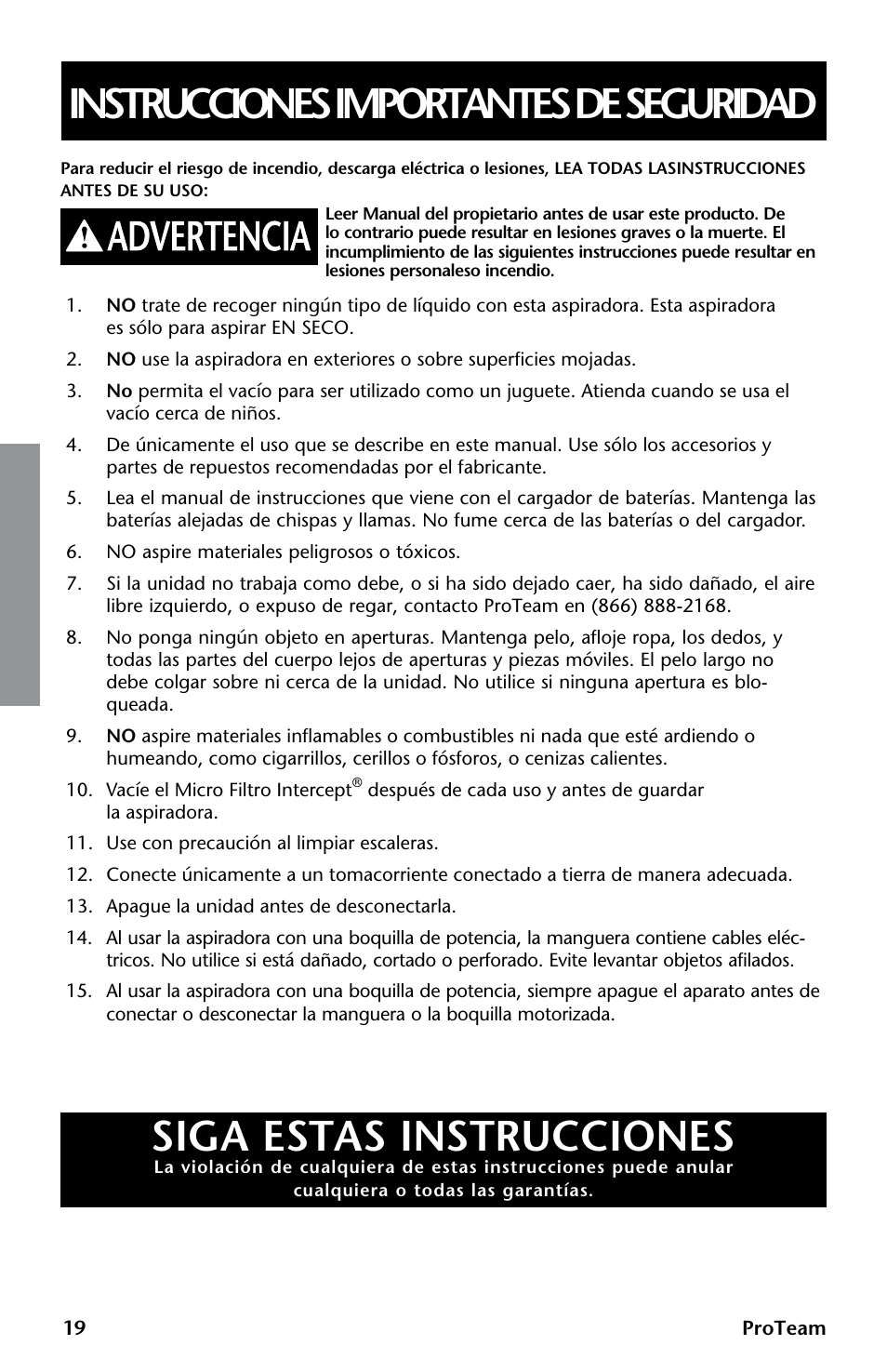 Instrucciones importantes de seguridad, Siga estas instrucciones | ProTeam GoCartVac User Manual | Page 20 / 35