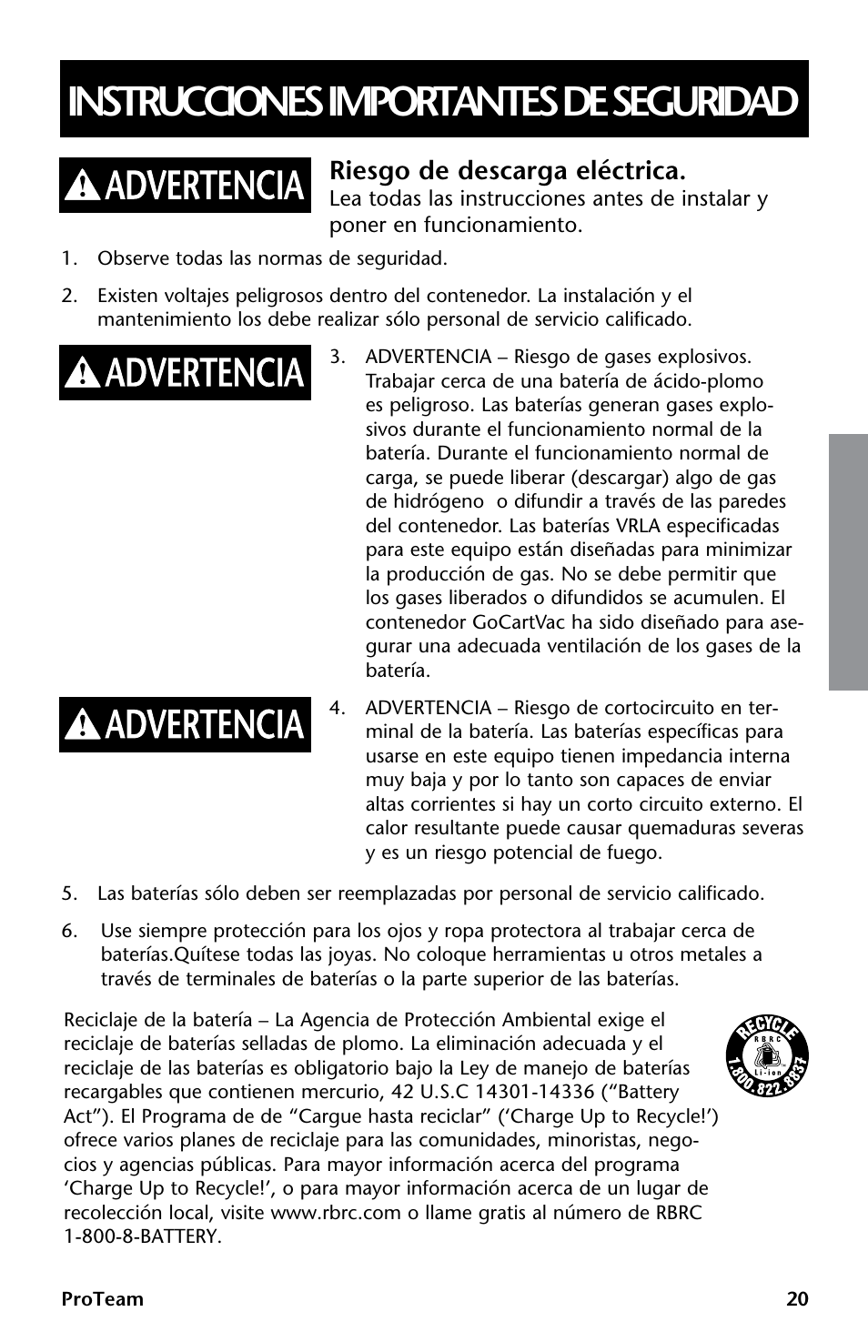 Instrucciones importantes de seguridad, Riesgo de descarga eléctrica | ProTeam GoCartVac User Manual | Page 21 / 35