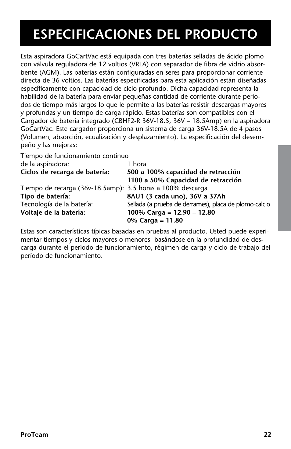 Especificaciones del producto | ProTeam GoCartVac User Manual | Page 23 / 35