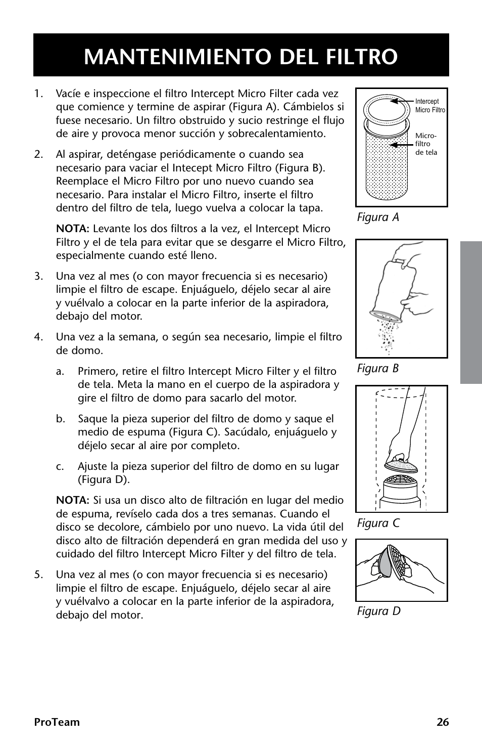 Mantenimiento del filtro | ProTeam GoCartVac User Manual | Page 27 / 35