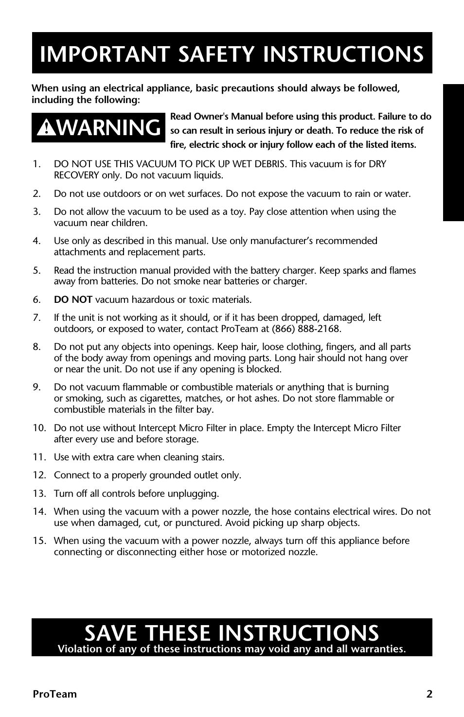 Important safety instructions, Warning, Save these instructions | ProTeam GoCartVac User Manual | Page 3 / 35