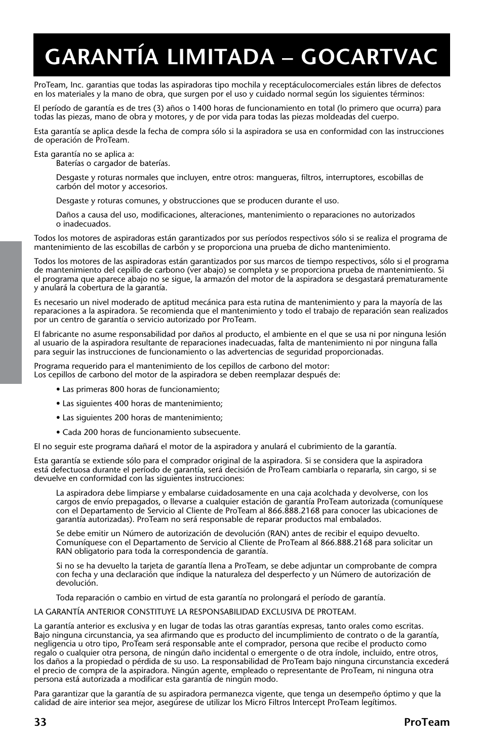 Garantía limitada – gocartvac, 33 proteam | ProTeam GoCartVac User Manual | Page 34 / 35