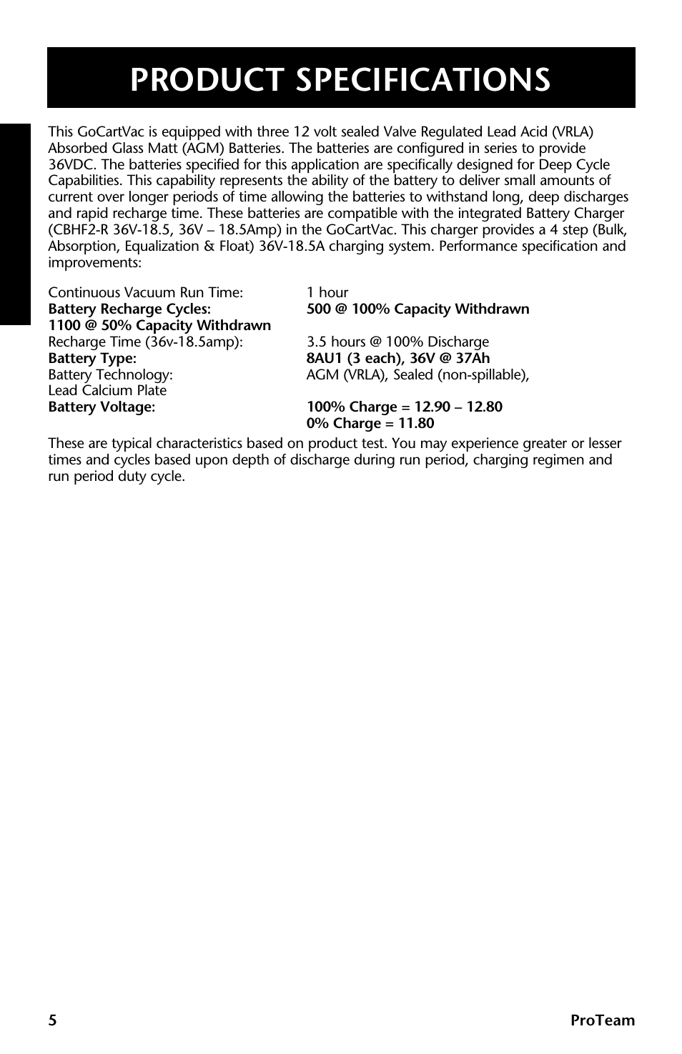 Product specifications | ProTeam GoCartVac User Manual | Page 6 / 35