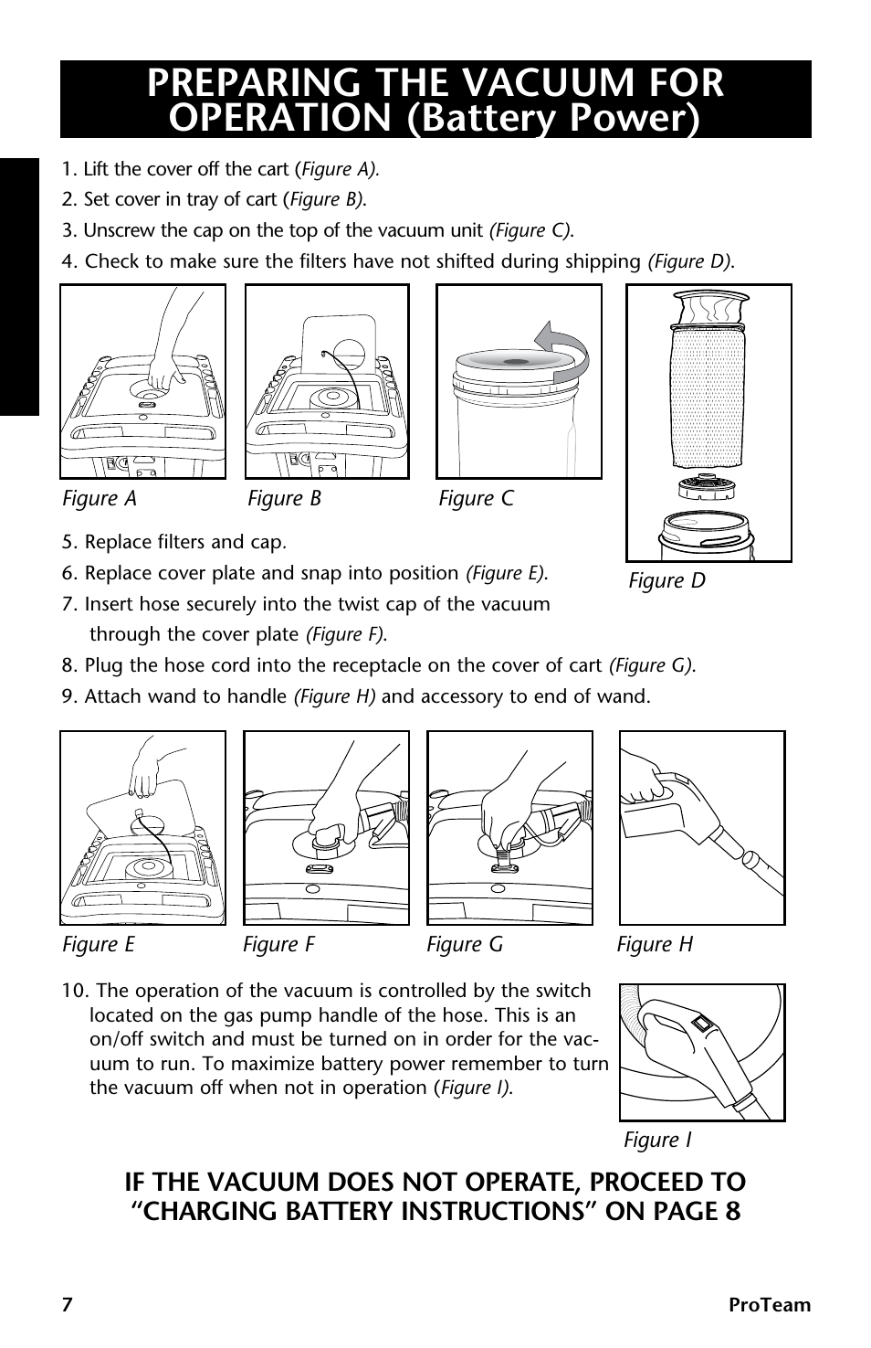 Preparing the vacuum for operation (battery power) | ProTeam GoCartVac User Manual | Page 8 / 35