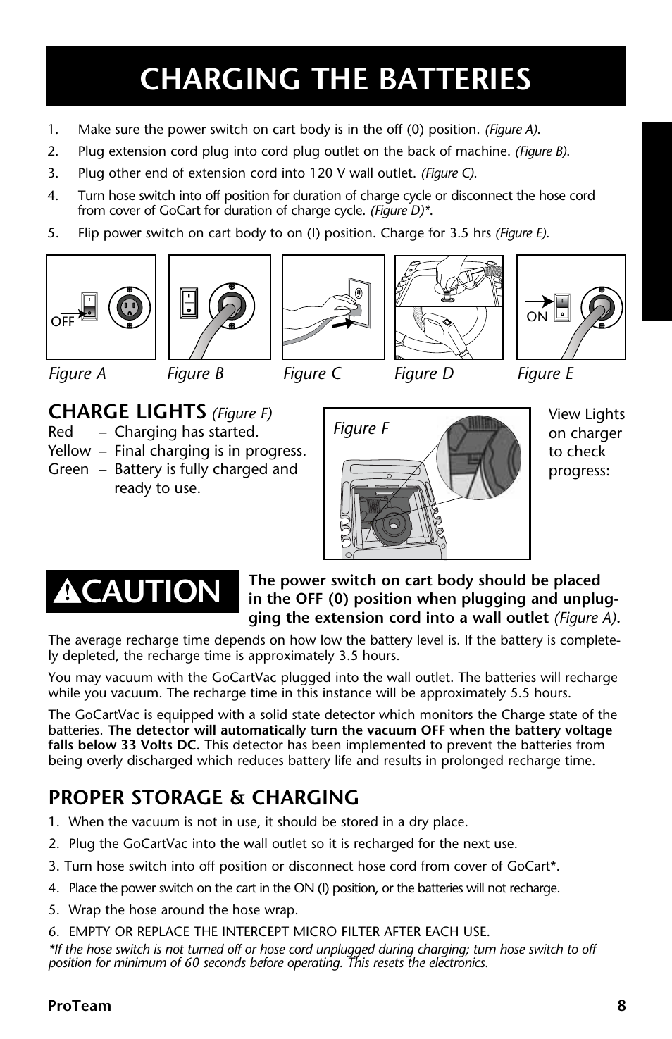 Caution, Charging the batteries, Proper storage & charging | Charge lights | ProTeam GoCartVac User Manual | Page 9 / 35