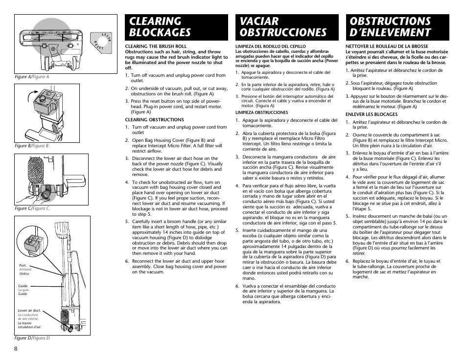 Clearing blockages, Vaciar obstrucciones, Obstructions d’enlevement | ProTeam ProForce 1500 HEPA User Manual | Page 10 / 20