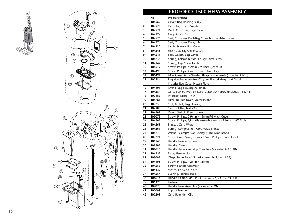 Proforce 1500 hepa assembly | ProTeam ProForce 1500 HEPA User Manual | Page 12 / 20