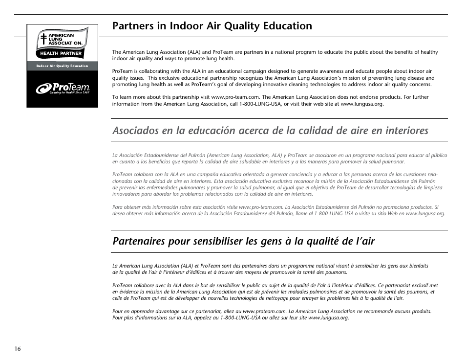 Partners in indoor air quality education | ProTeam ProForce 1500 HEPA User Manual | Page 18 / 20