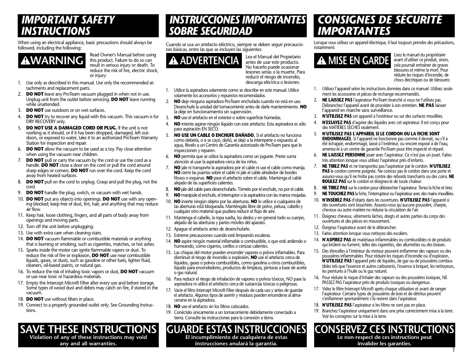 Instrucciones importantes sobre seguridad, Consignes de sécurité importantes, Important safety instructions | Warning save these instructions, Advertencia guarde estas instrucciones, Mise en garde conservez ces instructions | ProTeam ProForce 1500 HEPA User Manual | Page 3 / 20