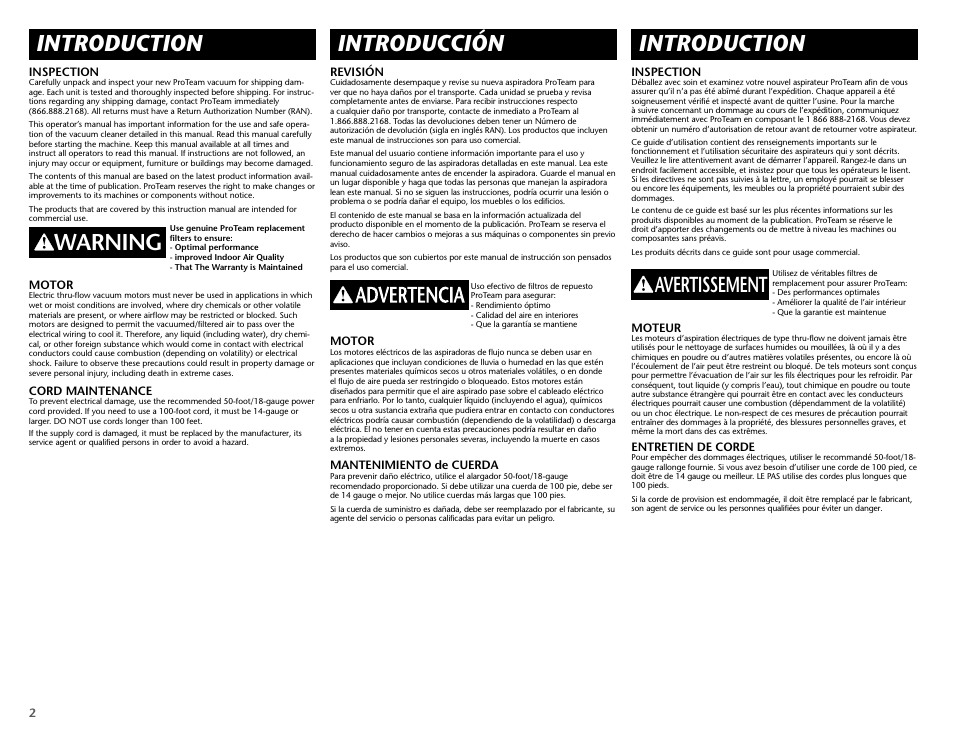Introduction, Introducción, Warning | Avertissement | ProTeam ProForce 1500 HEPA User Manual | Page 4 / 20